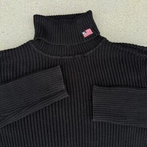 Polo Jeans Co Ralph Lauren Black Turtleneck Sweater Flag Patch 100% Cotton